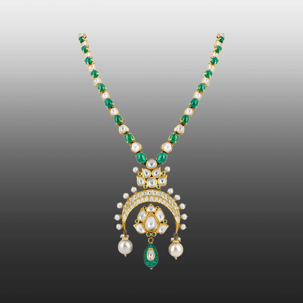 Inverted Chand Polki Necklace with Emeralds and Pearls